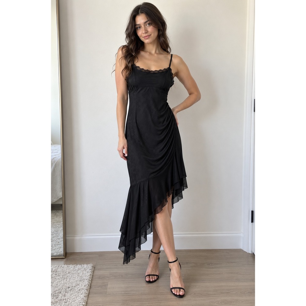 Wild Fable Black Asymmetrical Slip Dress XS Lace Trim Midi Y2K Fairy Grunge
